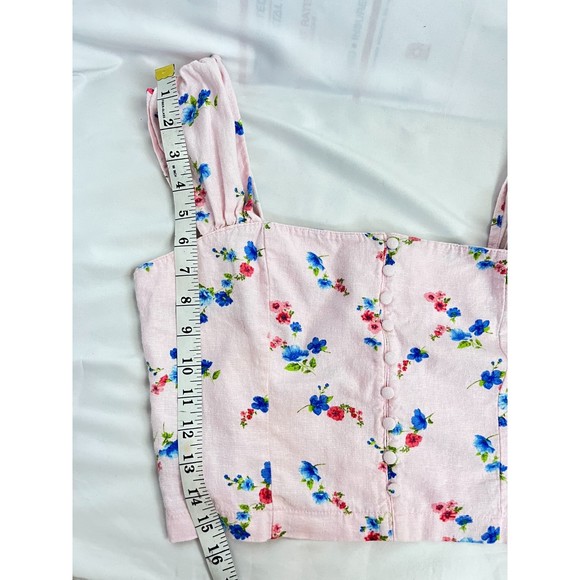 Forever 21 Barbiecore Linen Crop Top Floral Size M Ruffles Pink Button Front - Picture 9 of 10